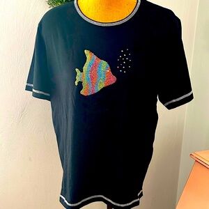 The Quacker Factory Colorful Fish beaded Black‎ T-Shirt large